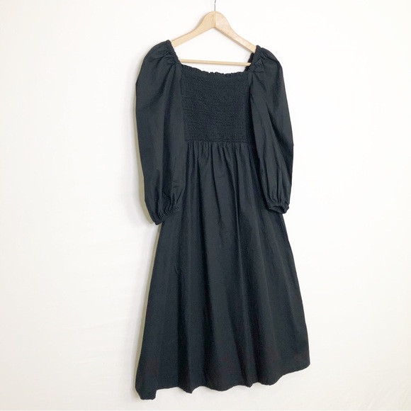 J Crew black smocked bodice puff sleeve, midi dress - Picture 6 of 11
